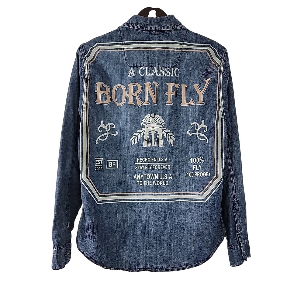 Born Fly Men's Medium Denim Shirt Patches Work Back Graphic Long Sleeve Button